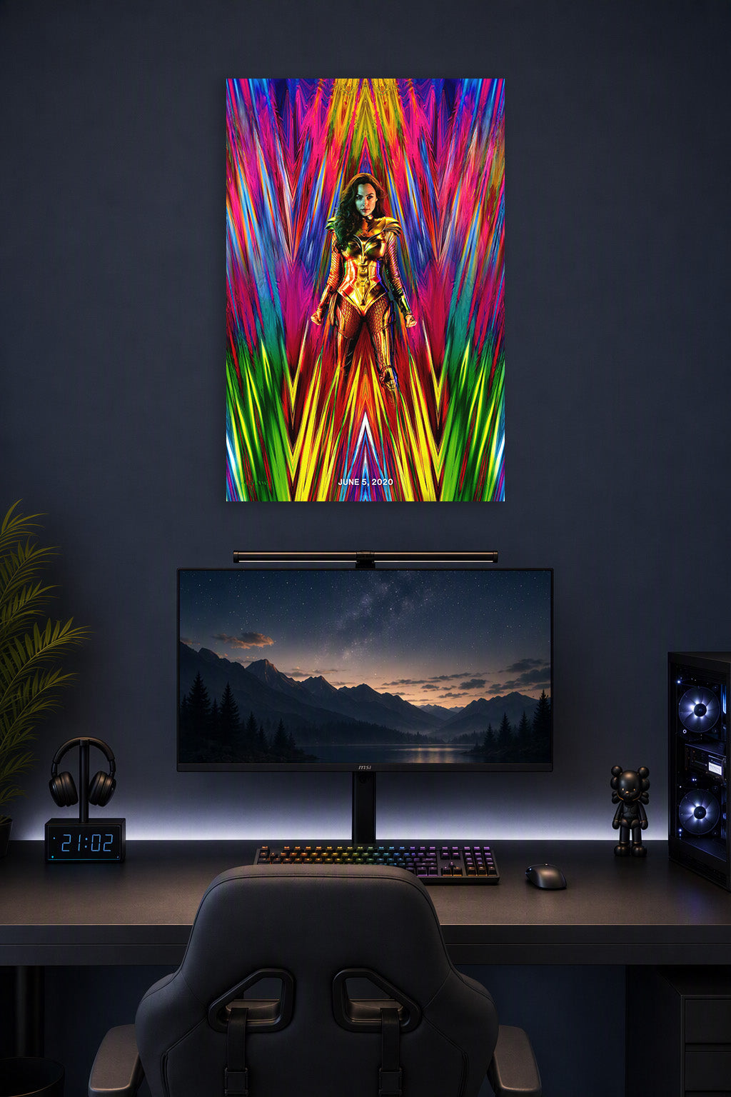 Wonder Woman in a gaming desk setup above a monitor.