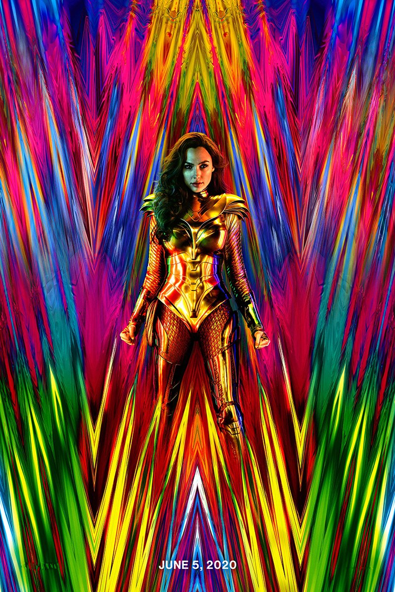 Wonder Woman poster features a woman in golden armor holding two swords before vivid mirrored streaks of pink, blue, green, and yellow.
