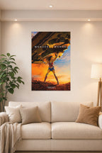 Wonder Woman in a bright living room above a beige sofa.