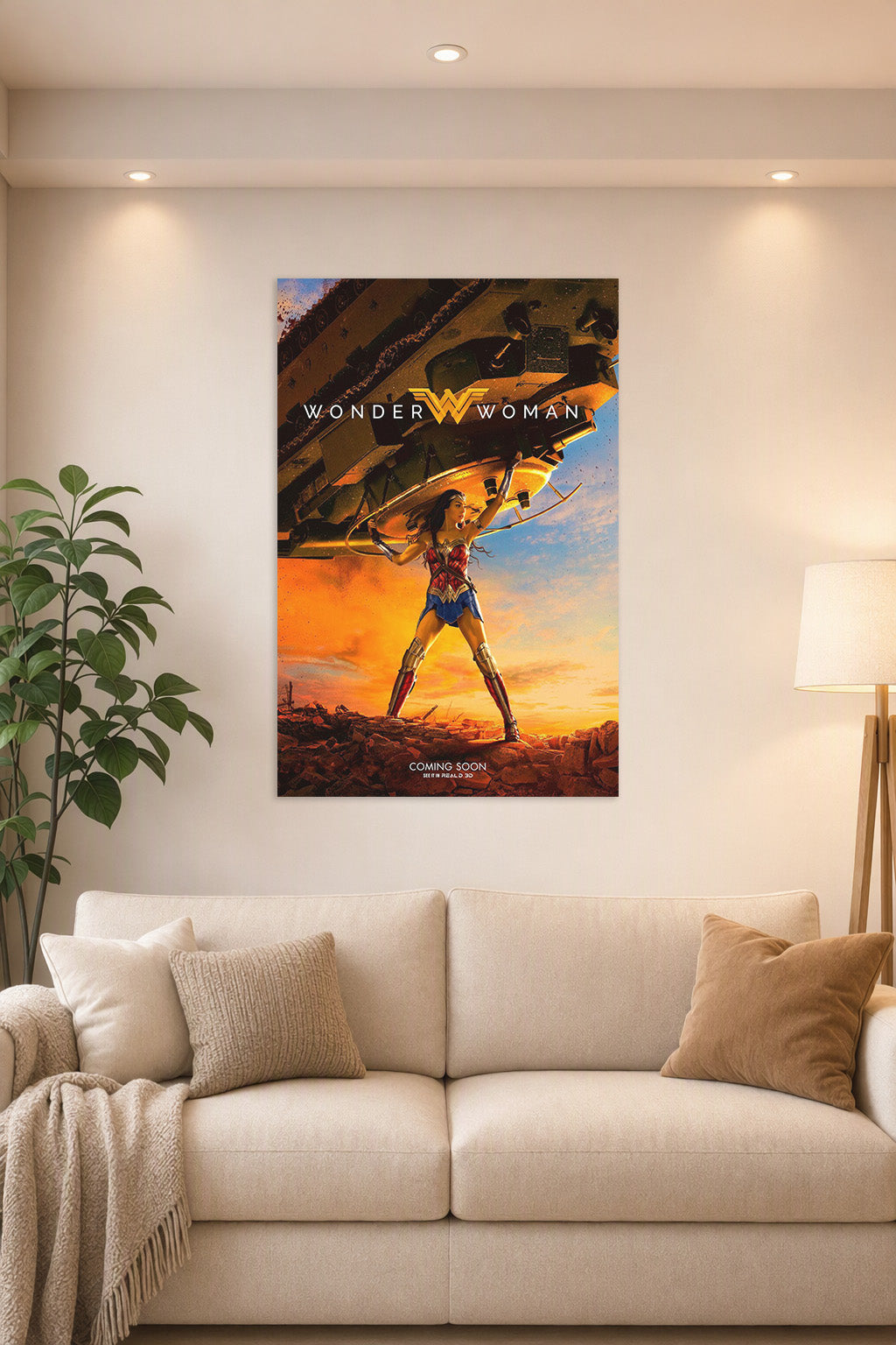 Wonder Woman in a bright living room above a beige sofa.