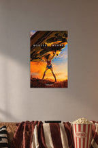 Wonder Woman in a cozy movie room above a brown sofa with popcorn.