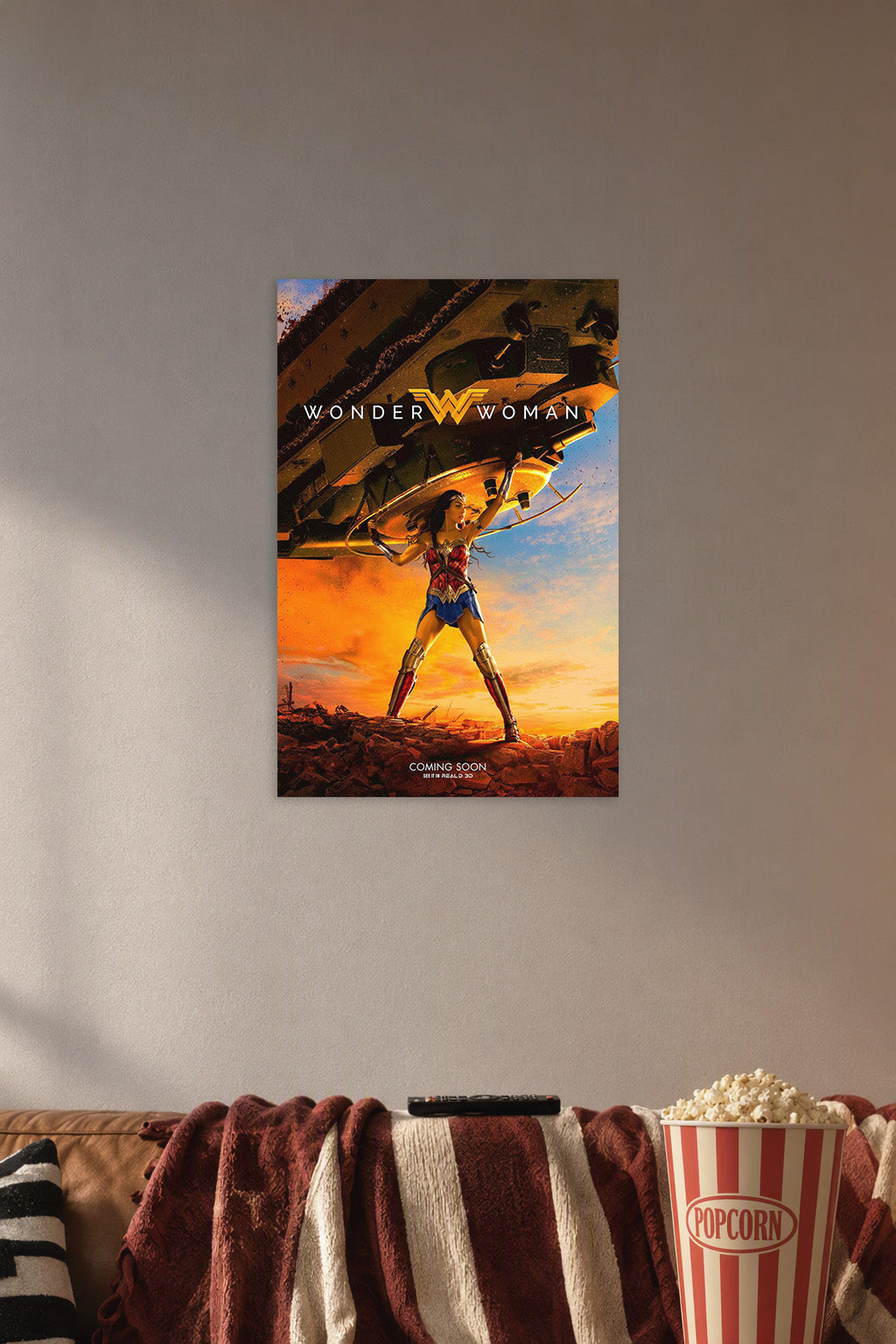 Wonder Woman in a cozy movie room above a brown sofa with popcorn.