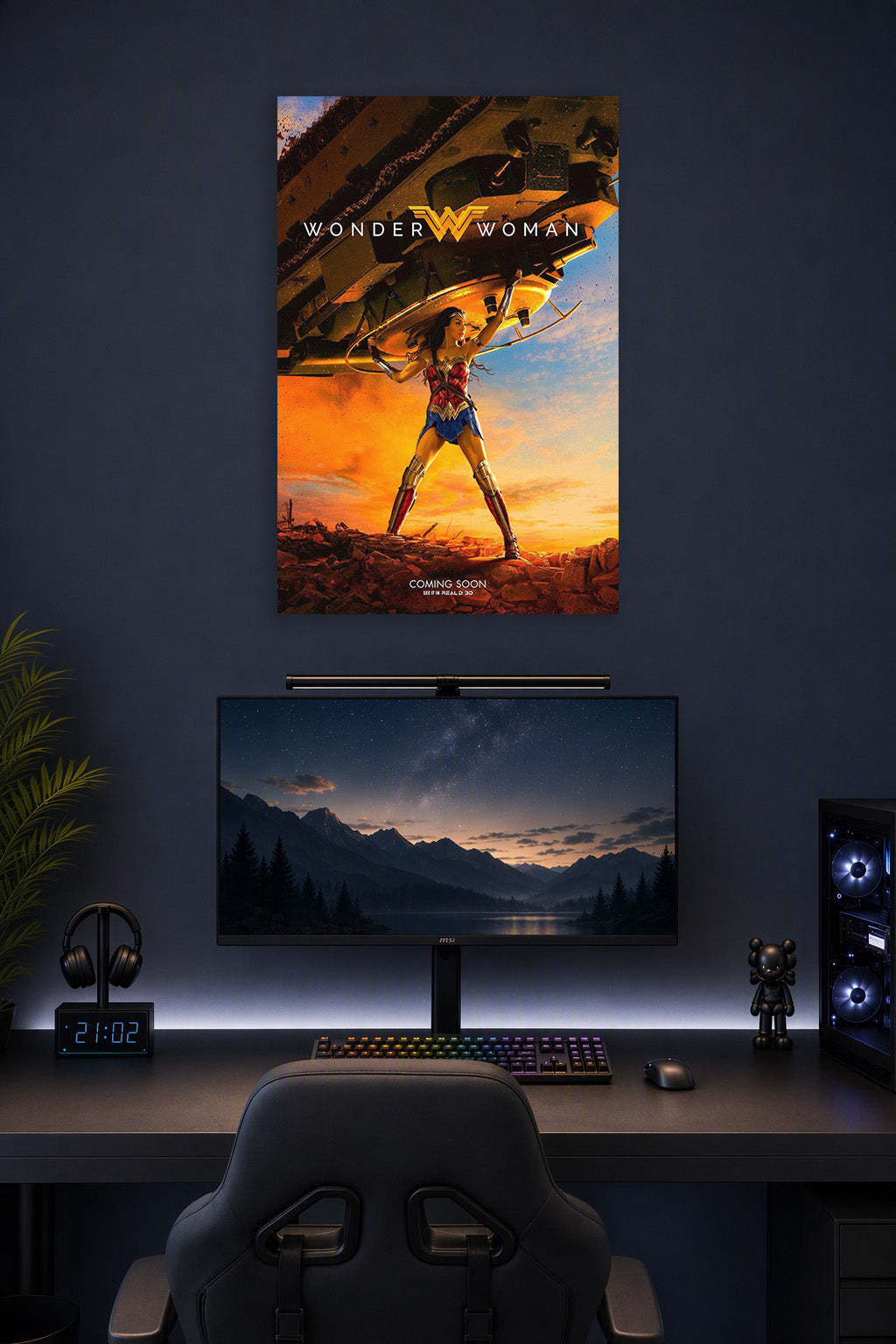 Wonder Woman in a gaming desk setup above a monitor.