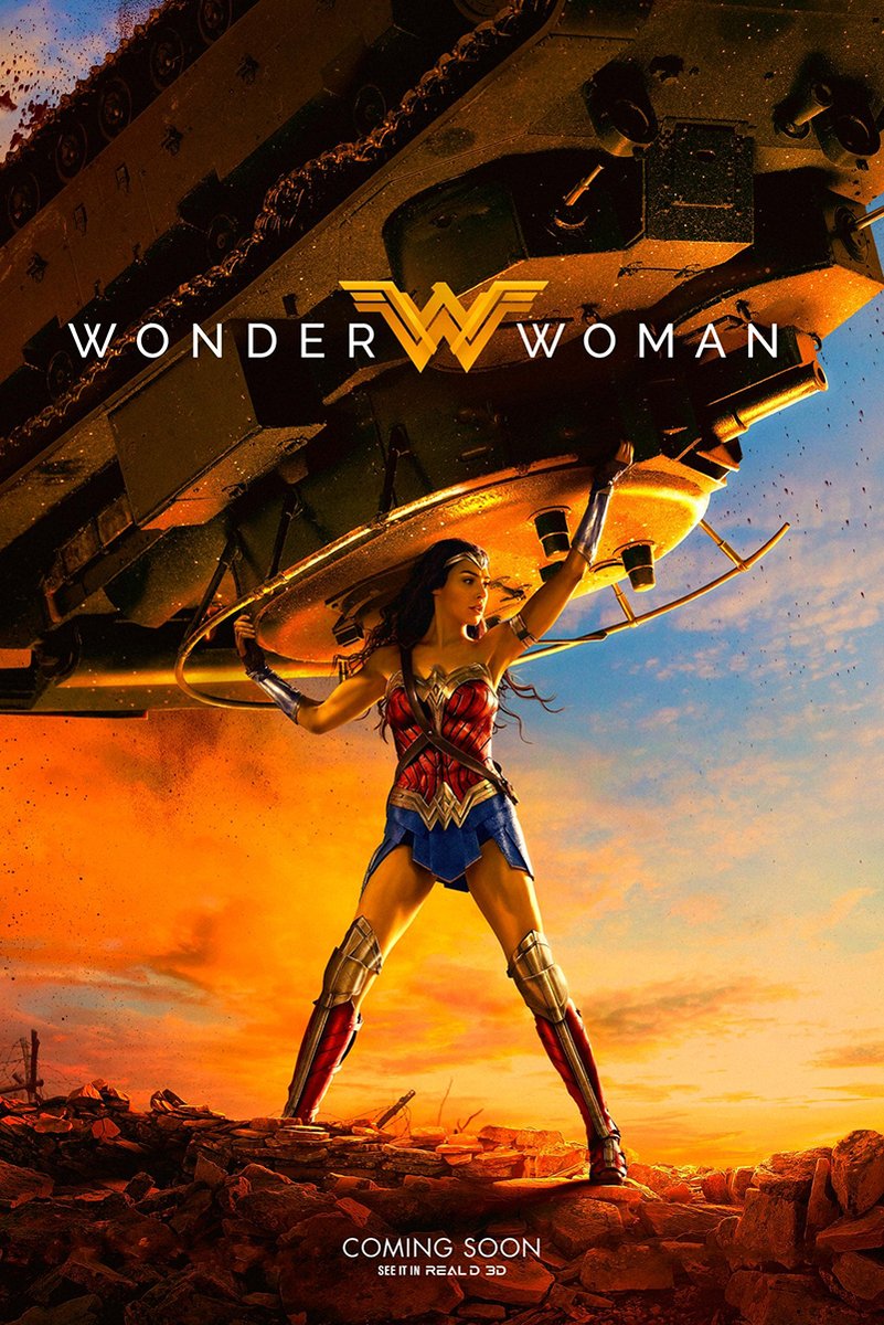 Wonder Woman poster depicts the armored heroine lifting a tank above rocky ground beneath an orange sunset sky.