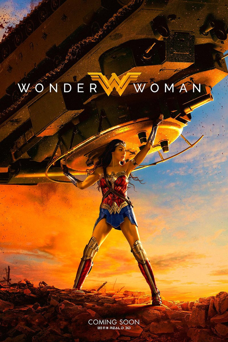 Wonder Woman poster depicts the armored heroine lifting a tank above rocky ground beneath an orange sunset sky.