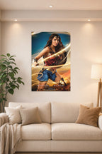 Wonder Woman in a bright living room above a beige sofa.