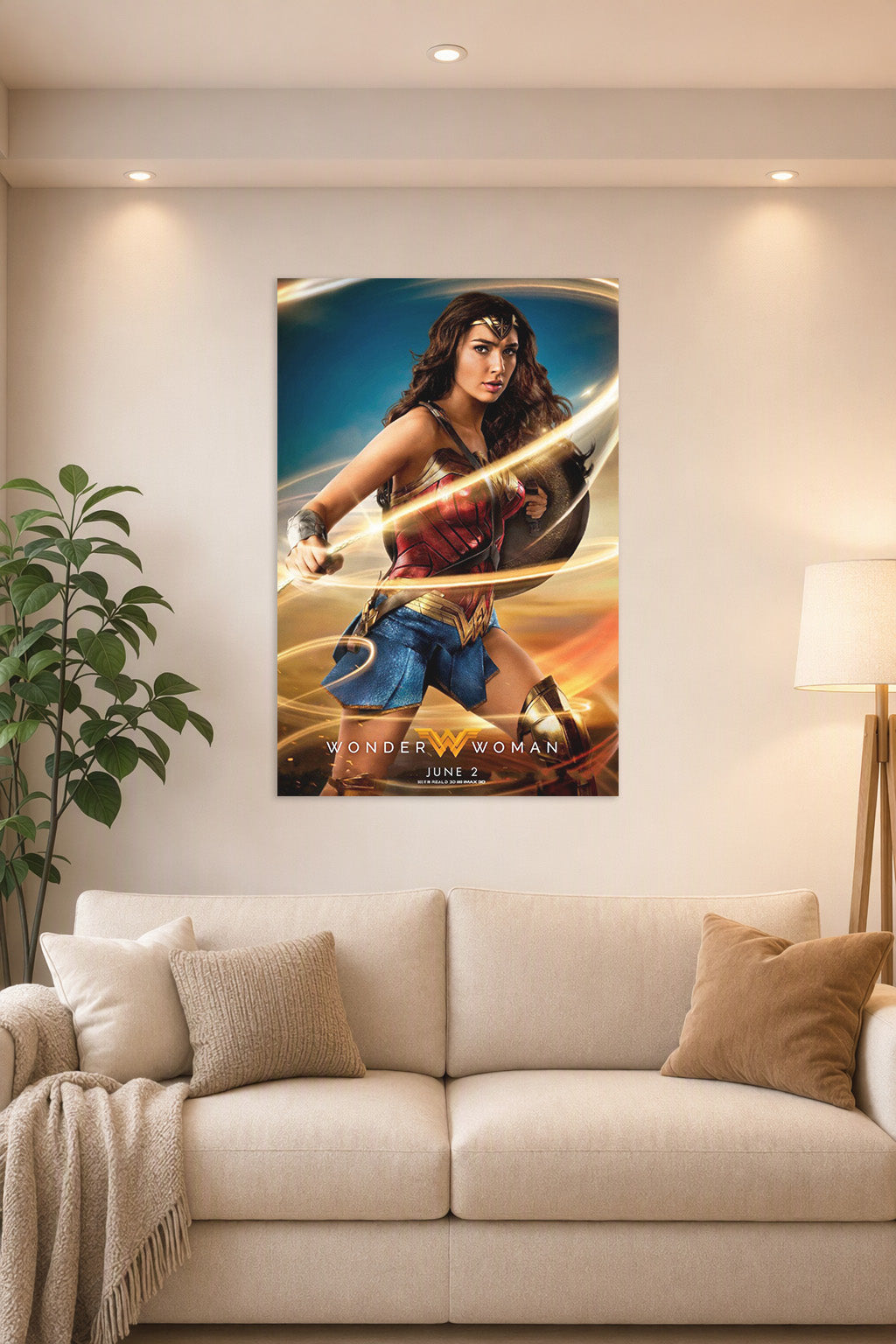 Wonder Woman in a bright living room above a beige sofa.