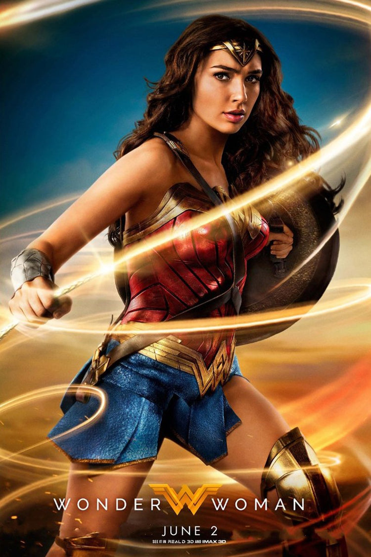 Wonder Woman poster features the armored heroine with shield and glowing lasso against a blue and fiery orange sky.