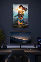 Wonder Woman in a gaming desk setup above a monitor.