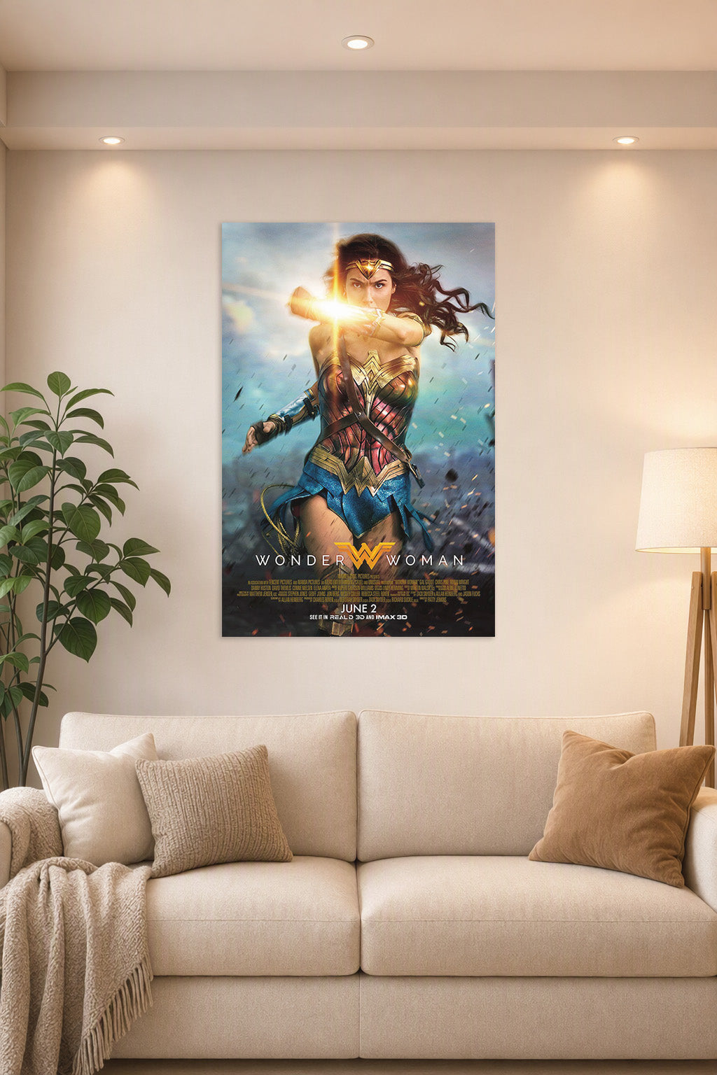 Wonder Woman in a bright living room above a beige sofa.