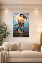 Wonder Woman in a bright living room above a beige sofa.
