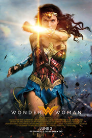 Wonder Woman poster features the armored heroine crossing her glowing bracelets against a stormy blue sky, with film text below.