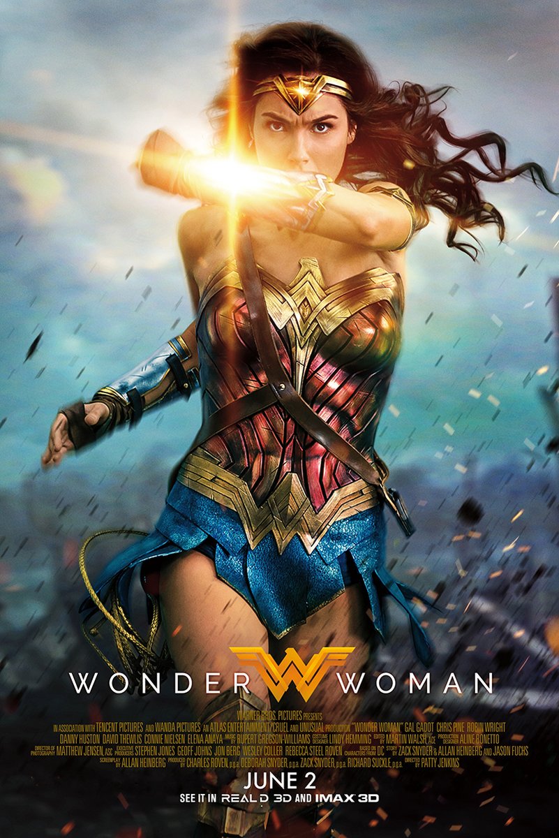 Wonder Woman poster features the armored heroine crossing her glowing bracelets against a stormy blue sky, with film text below.
