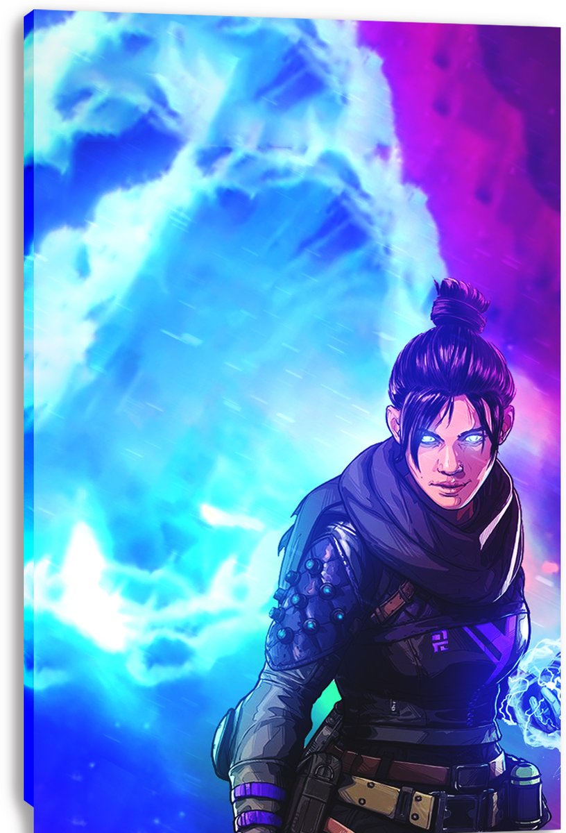 Wraith Apex Legends canvas wall art print features a close-up of the glowing-eyed armored fighter before swirling blue and magenta energy.