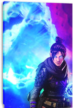 Wraith Apex Legends canvas wall art print features a close-up of the glowing-eyed armored fighter before swirling blue and magenta energy.