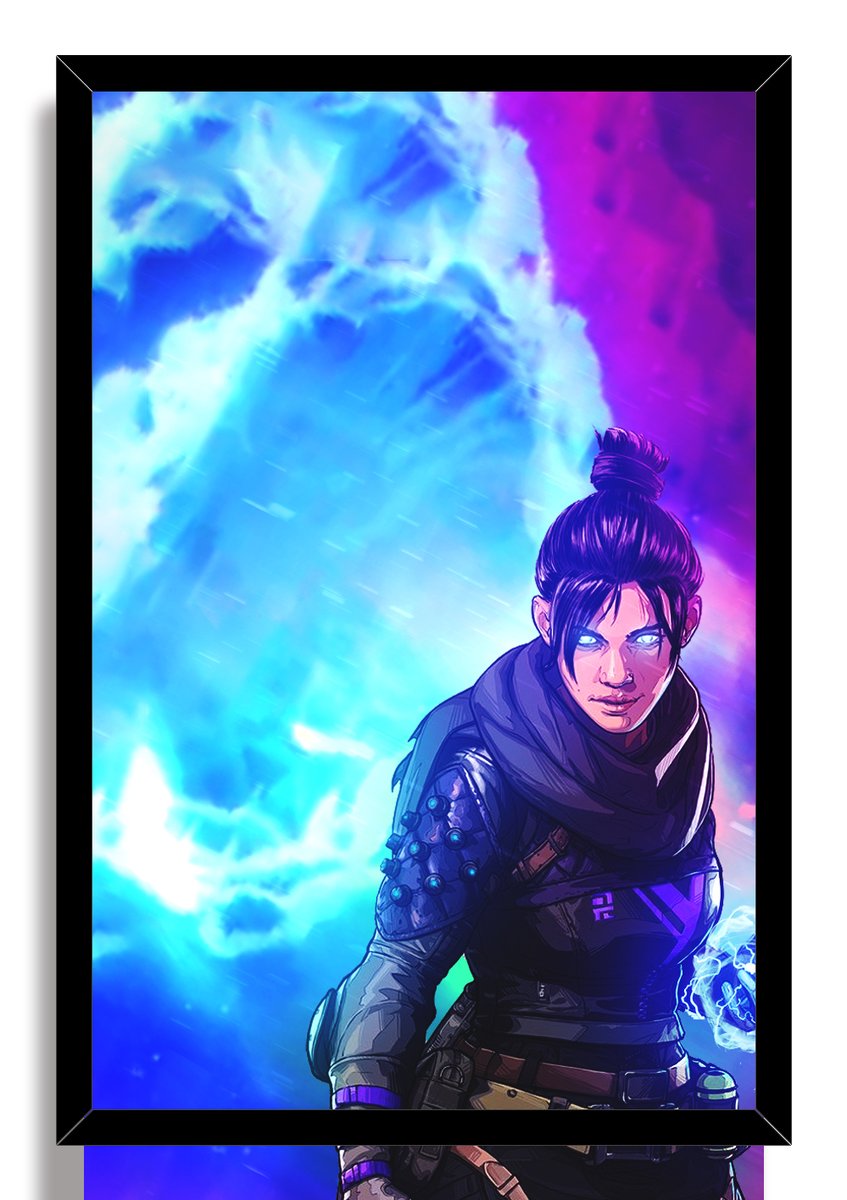 Wraith Apex Legends framed wall art print presents the armored character with luminous eyes, blue power in hand, and a cyan-purple storm backdrop.