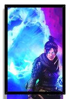 Wraith Apex Legends framed wall art print presents the armored character with luminous eyes, blue power in hand, and a cyan-purple storm backdrop.