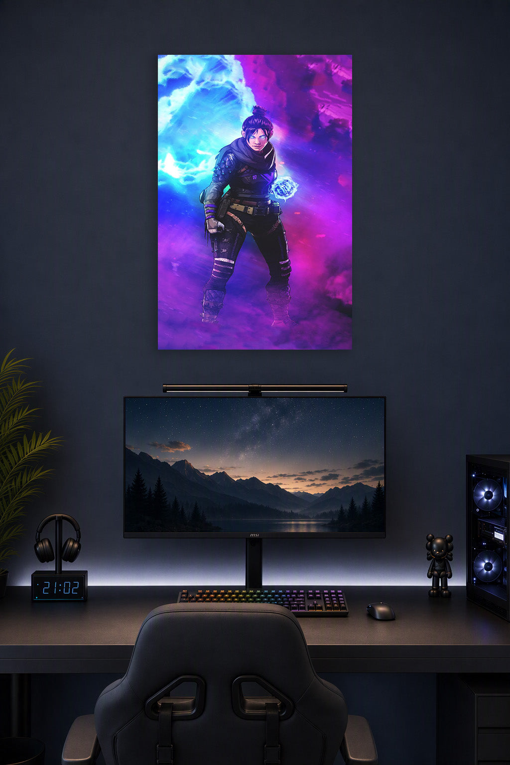 Wraith Apex Legends in a gaming desk setup above a monitor.