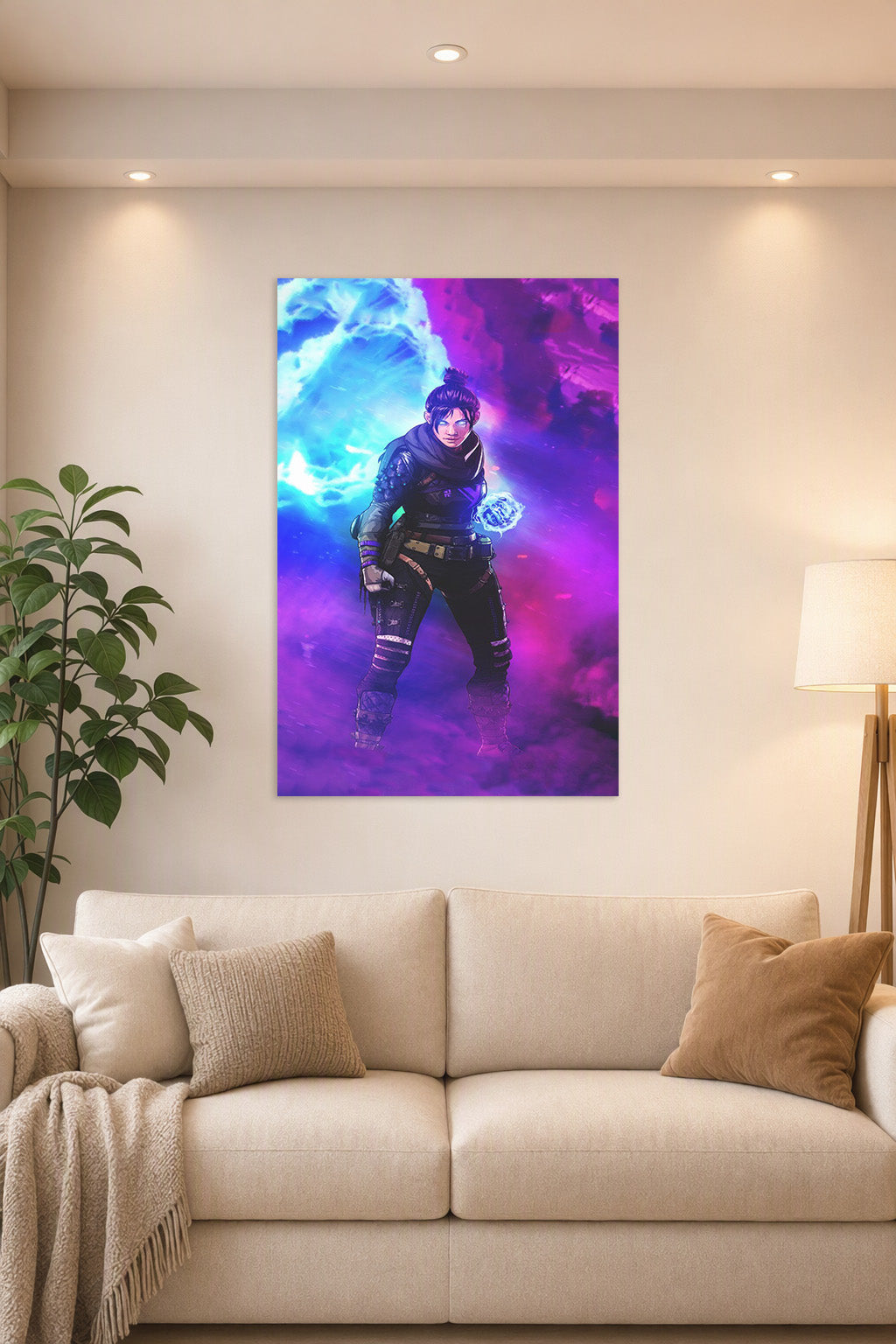 Wraith Apex Legends in a bright living room above a beige sofa.