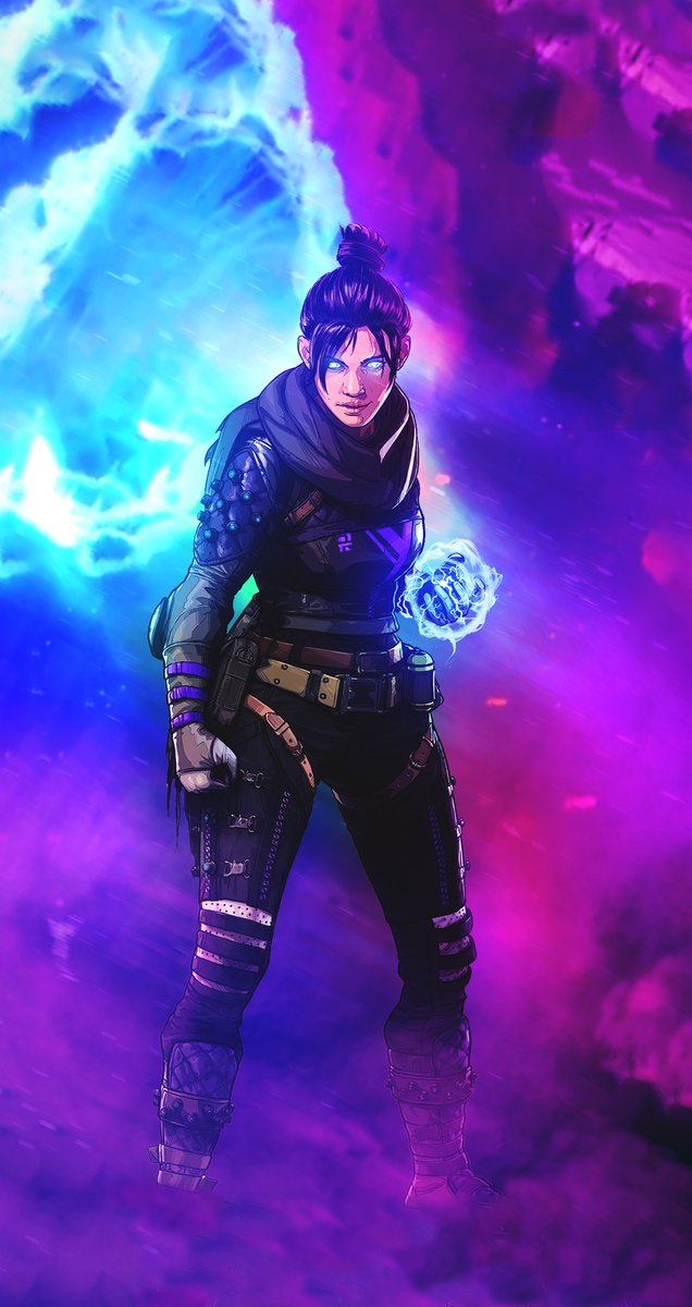 Wraith Apex Legends poster wall art print portrays the armored fighter with glowing eyes and blue energy amid cyan and purple clouds.