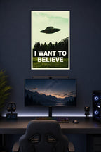 X-Files 'I Want To Believe' UFO in a gaming desk setup above a monitor.