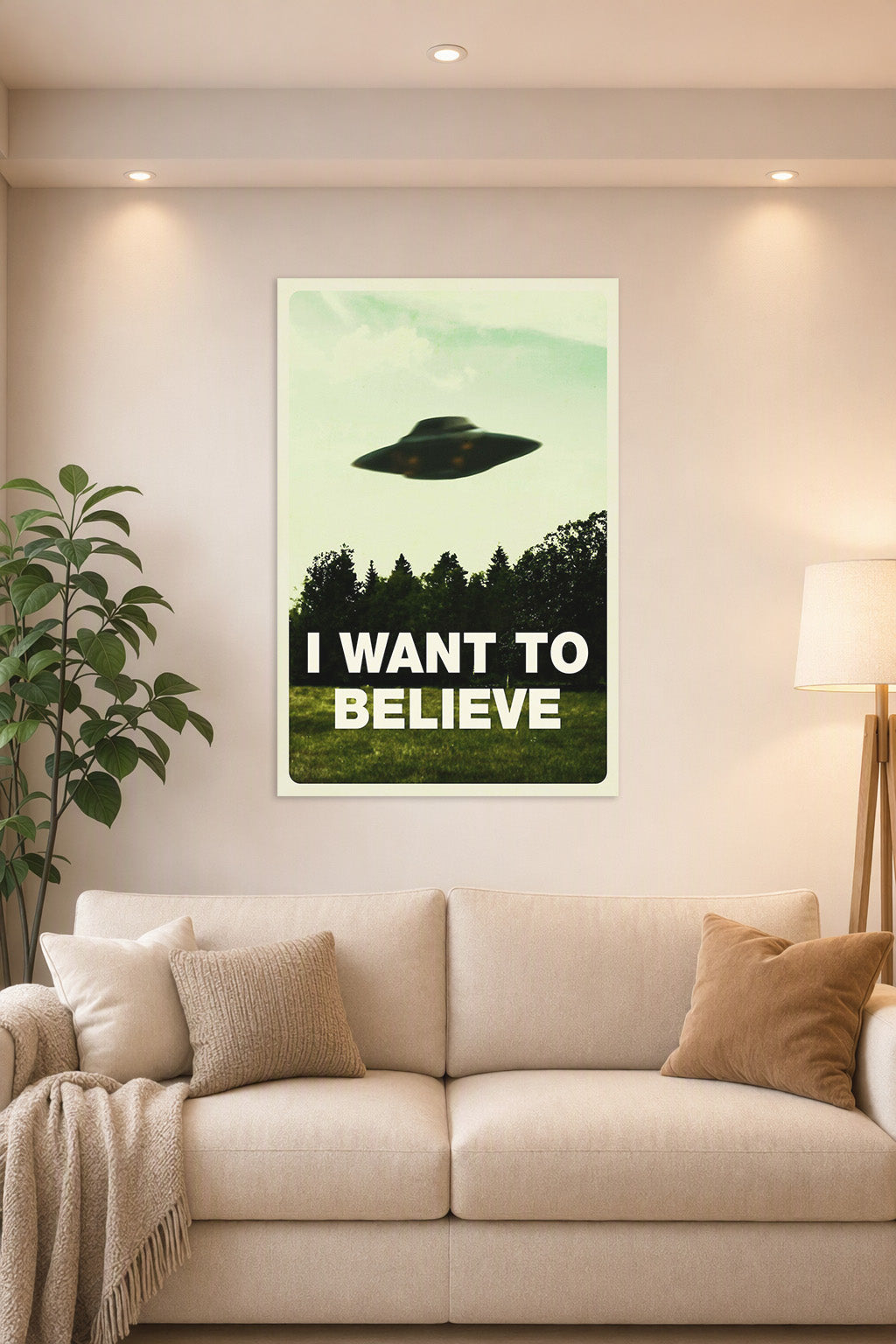 X-Files 'I Want To Believe' UFO in a bright living room above a beige sofa.