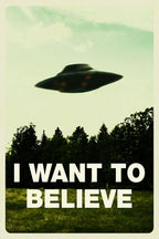 I Want To Believe poster featuring a dark flying saucer above a forest and green field beneath a pale cloudy sky.