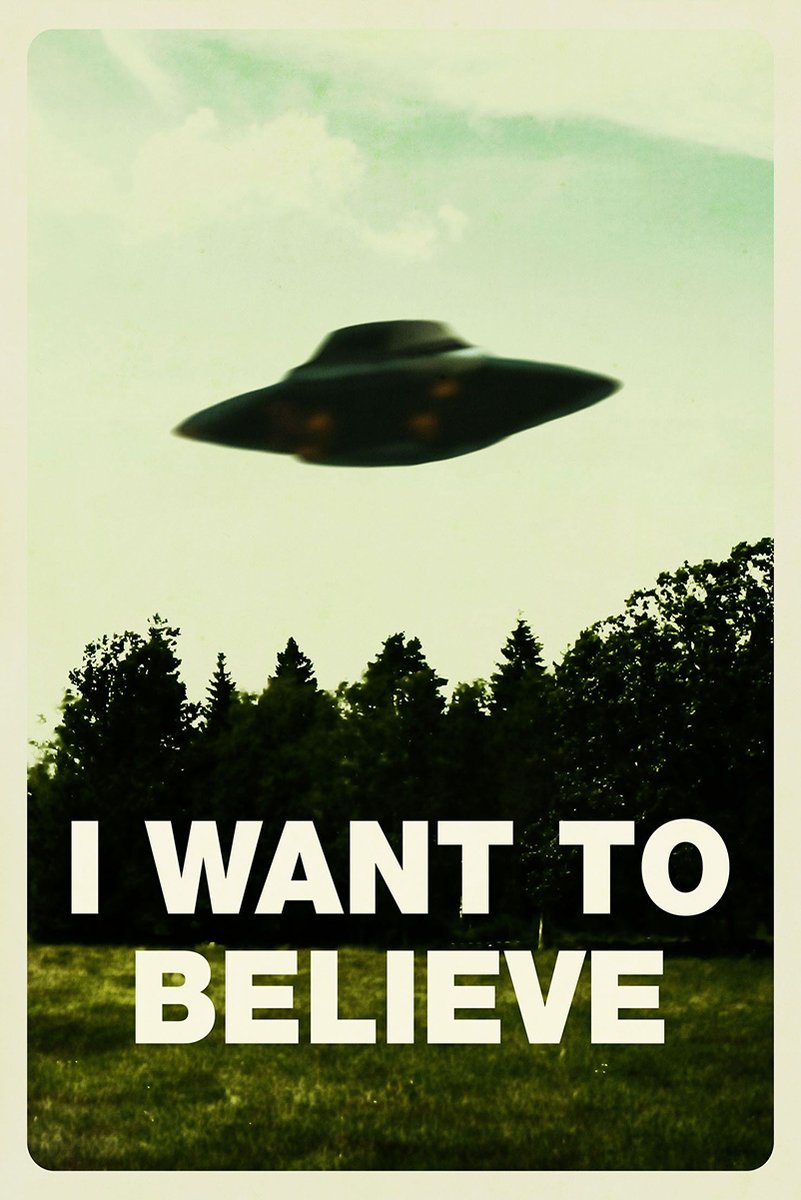 I Want To Believe poster featuring a dark flying saucer above a forest and green field beneath a pale cloudy sky.