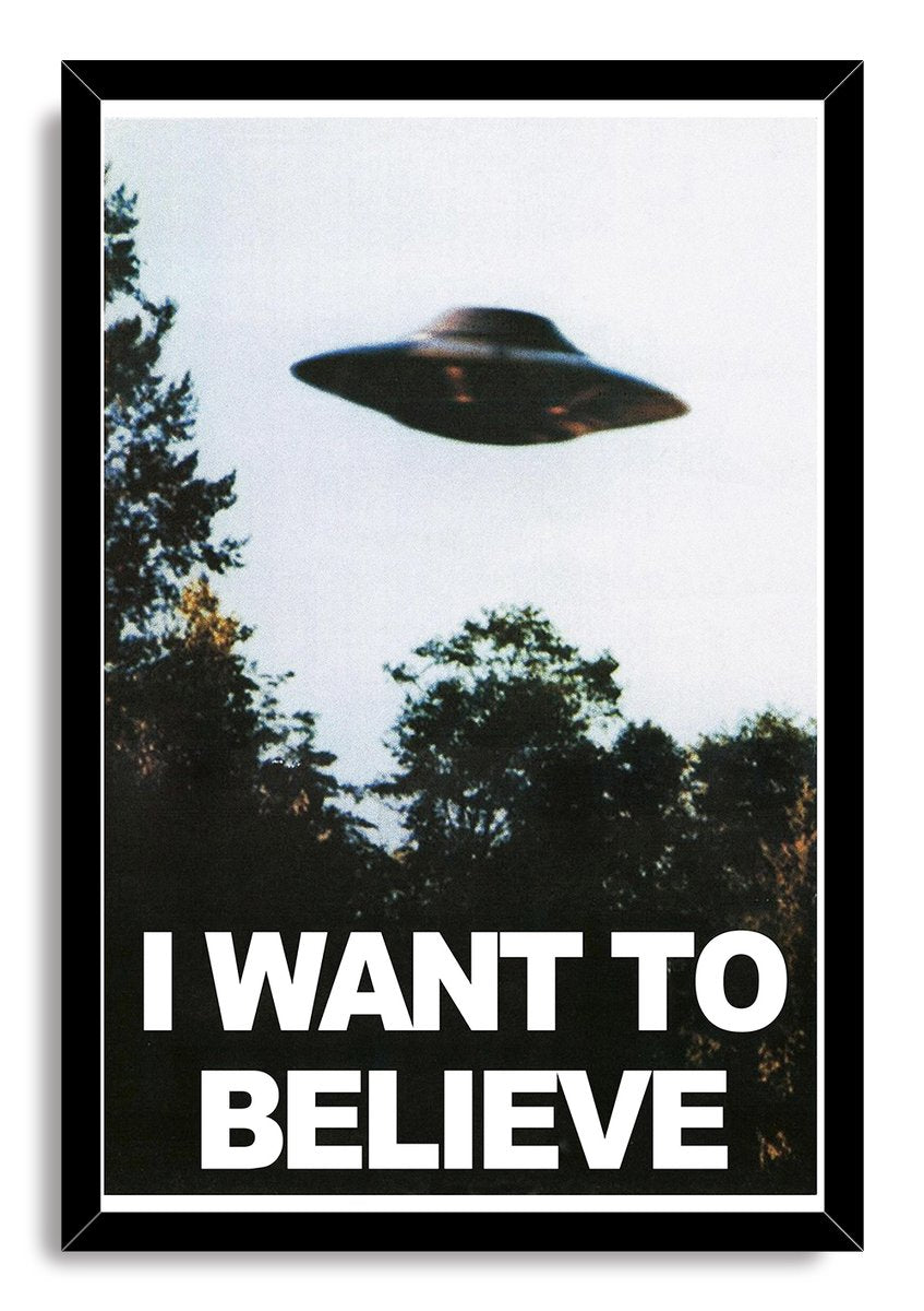 X-Files UFO wall art print in a black frame, with a shadowy saucer over a forest and large white “I WANT TO BELIEVE” lettering.