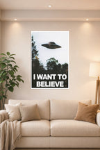 X-Files UFO I Want To Believe in a bright living room above a beige sofa.