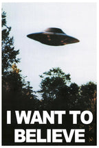 X-Files UFO poster with a dark flying saucer above silhouetted forest trees and bold white “I WANT TO BELIEVE” text.