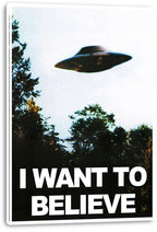 UFO canvas wall art print with a visible white wrapped edge, a hovering saucer over trees, and "I WANT TO BELIEVE" lettering.