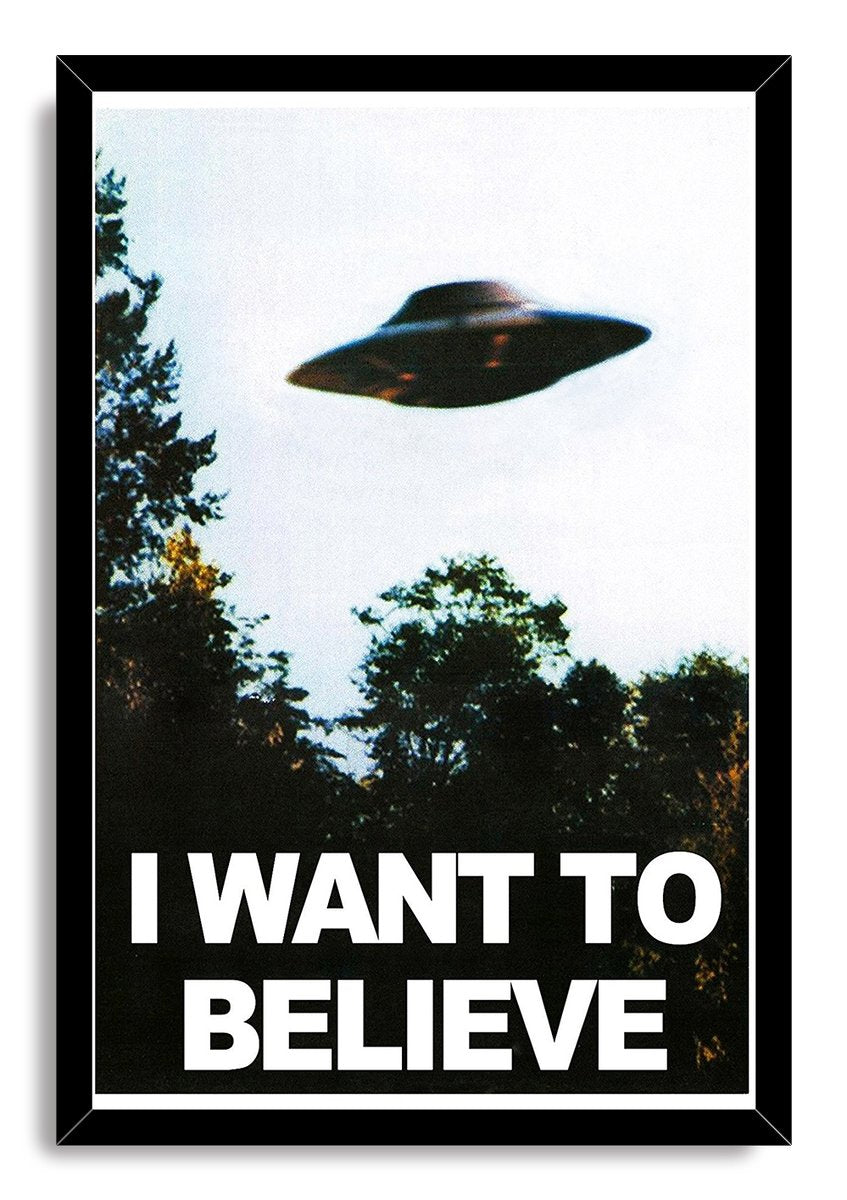 UFO wall art print framed in black, depicting a saucer in a pale sky above trees and bold "I WANT TO BELIEVE" text.
