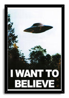 UFO wall art print framed in black, depicting a saucer in a pale sky above trees and bold "I WANT TO BELIEVE" text.