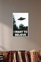 X-Files UFO 'I Want to Believe' in a cozy movie room above a brown sofa with popcorn.