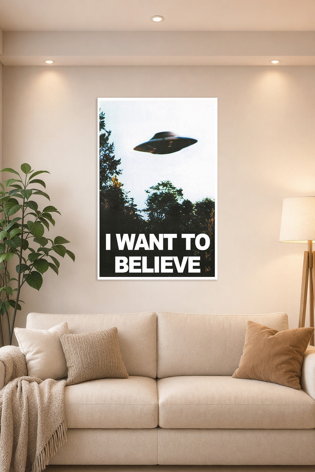 X-Files UFO 'I Want to Believe' in a bright living room above a beige sofa.