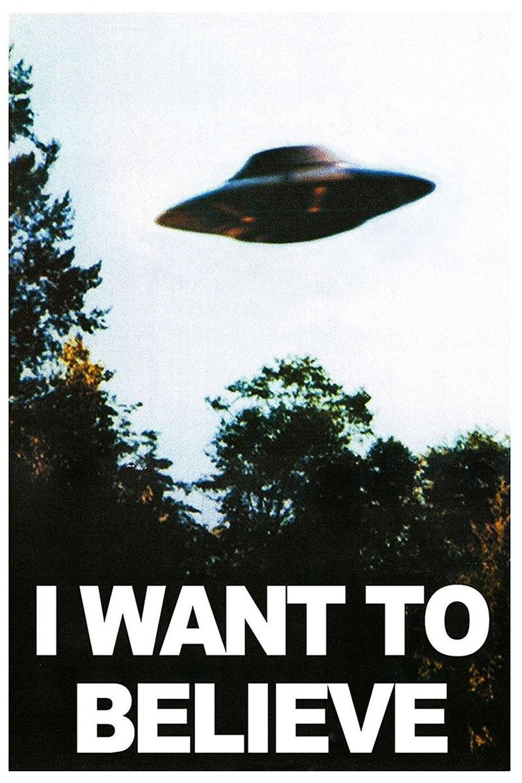 UFO poster featuring a dark flying saucer above shadowy green trees, with bold white "I WANT TO BELIEVE" text.