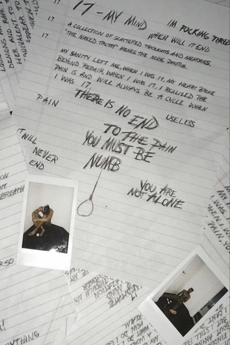 XXXTentacion 17 My Mind poster with overlapping lined notebook pages, bold handwritten lyrics, two Polaroid photos, and a central sketch.