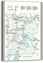 Yellowstone National Park canvas wall art print presents a colorful park map with roads, rivers, geyser areas, entrances, and labeled landmarks.
