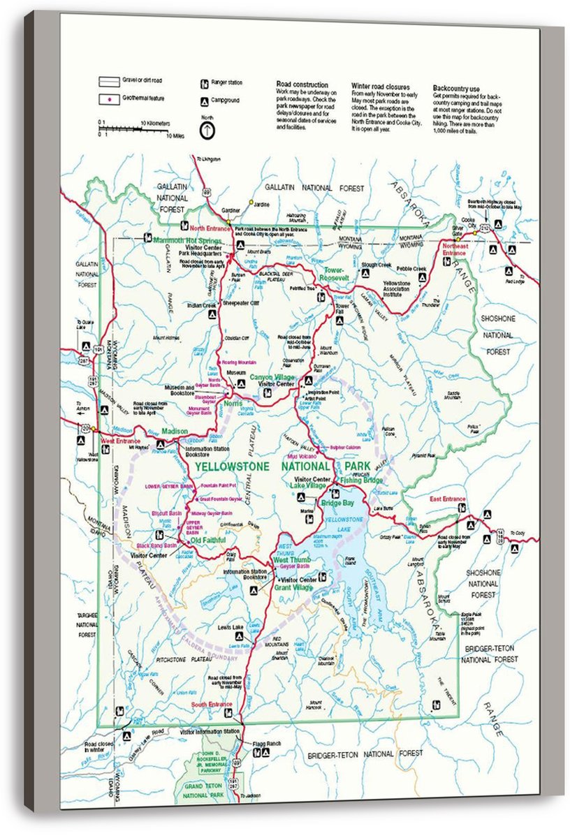 Yellowstone National Park canvas wall art print presents a colorful park map with roads, rivers, geyser areas, entrances, and labeled landmarks.