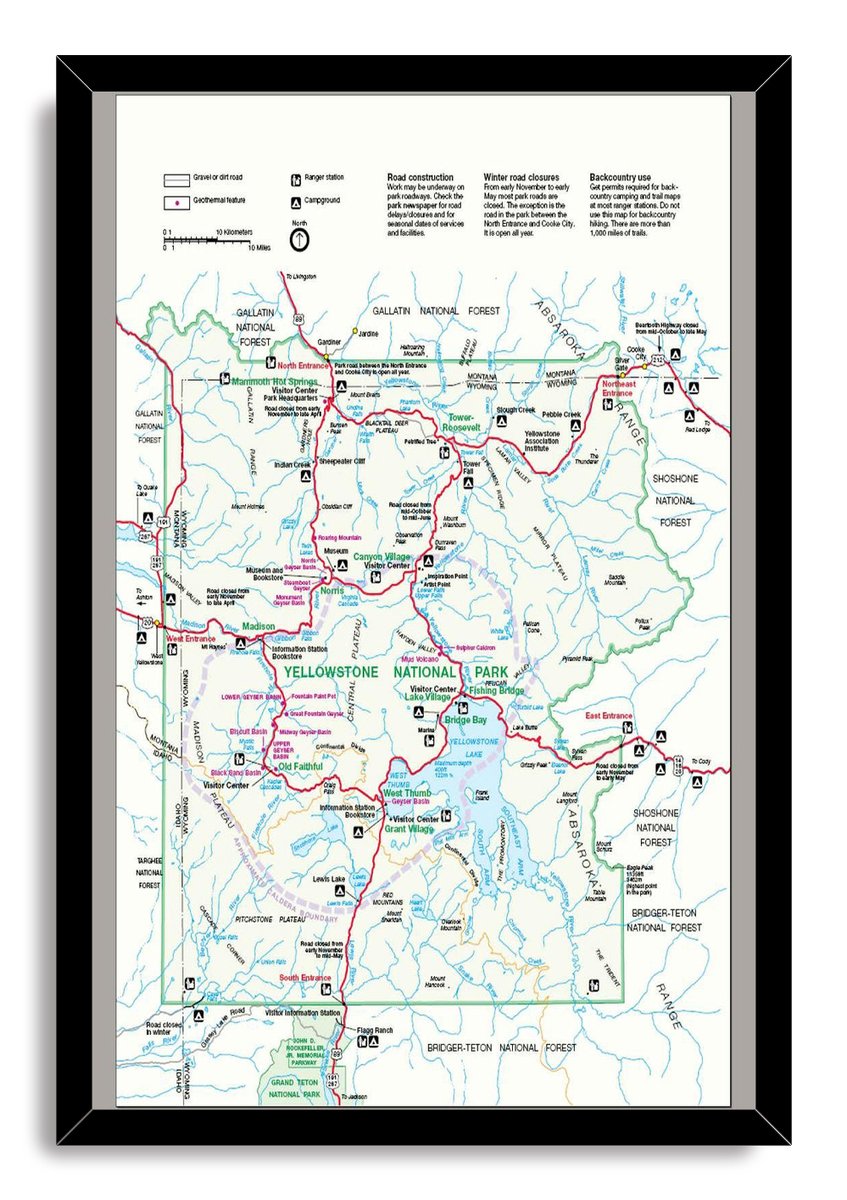 Yellowstone National Park framed wall art print features a detailed map of roads, lakes, forests, visitor centers, and campground symbols.