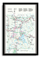 Yellowstone National Park framed wall art print features a detailed map of roads, lakes, forests, visitor centers, and campground symbols.
