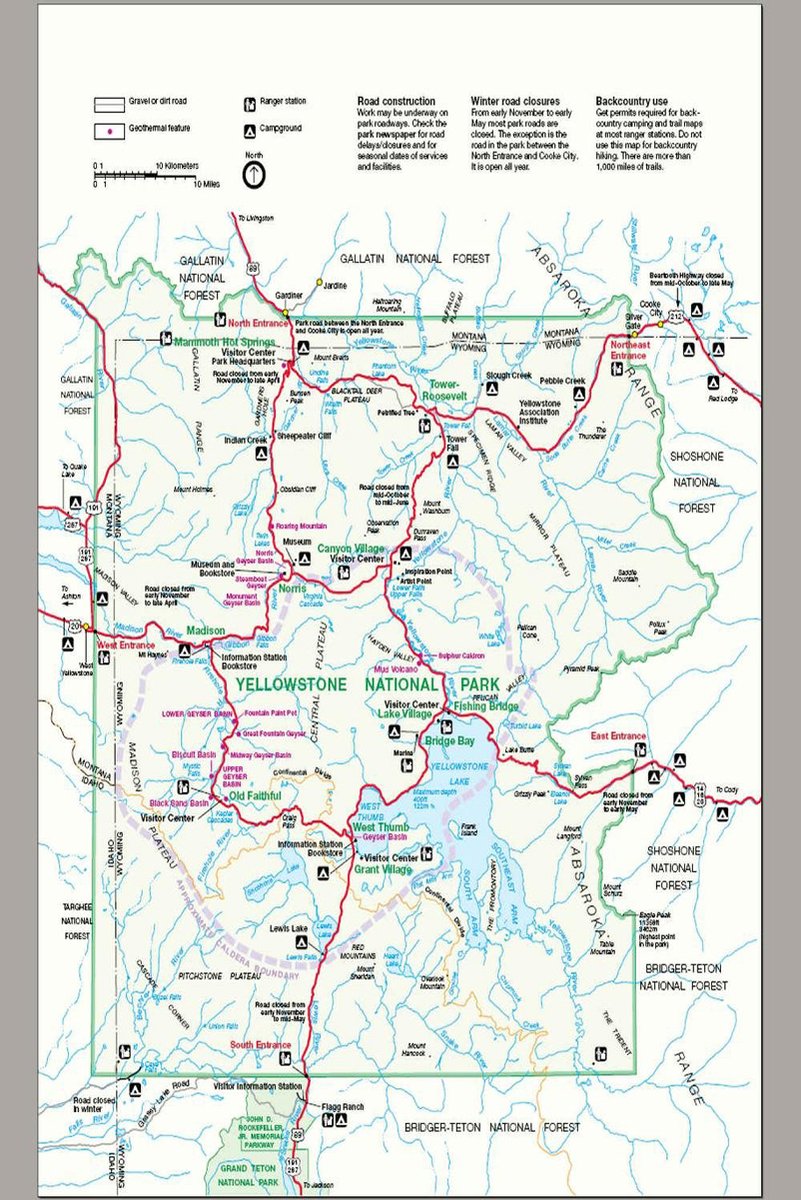 Yellowstone National Park wall art print displays a detailed road map with blue waterways, red routes, green boundaries, and visitor icons.