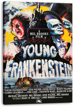 Young Frankenstein canvas wall art print displays a screaming doctor, blue-faced monster, castle silhouette, and misty graveyard scene.