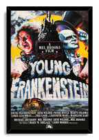 Young Frankenstein framed wall art print presents a gothic castle, panicked scientist, top-hatted monster, and bold cracked typography.
