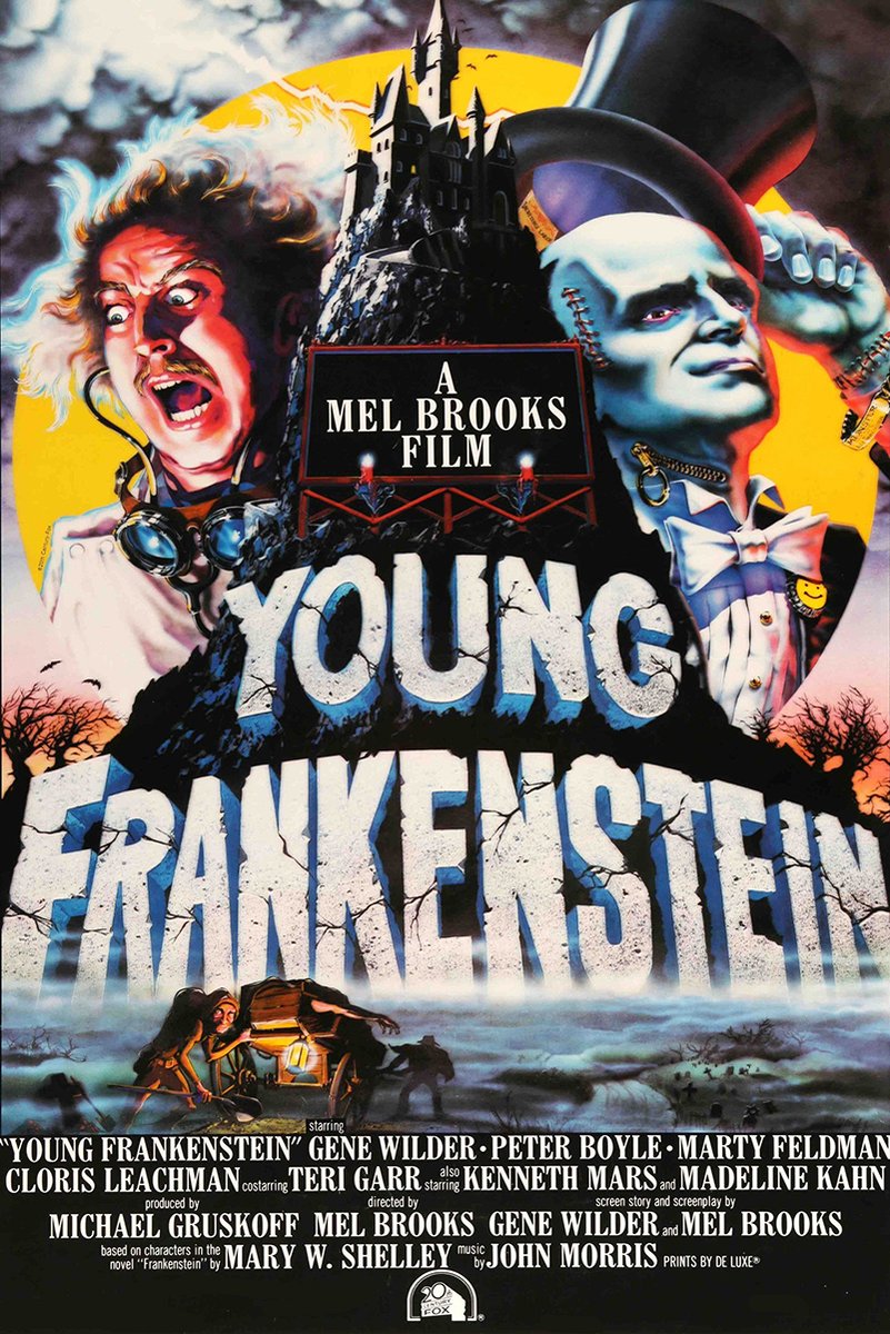 Young Frankenstein poster features a wild-haired scientist, blue-green monster in a top hat, gothic castle, and cracked title lettering.