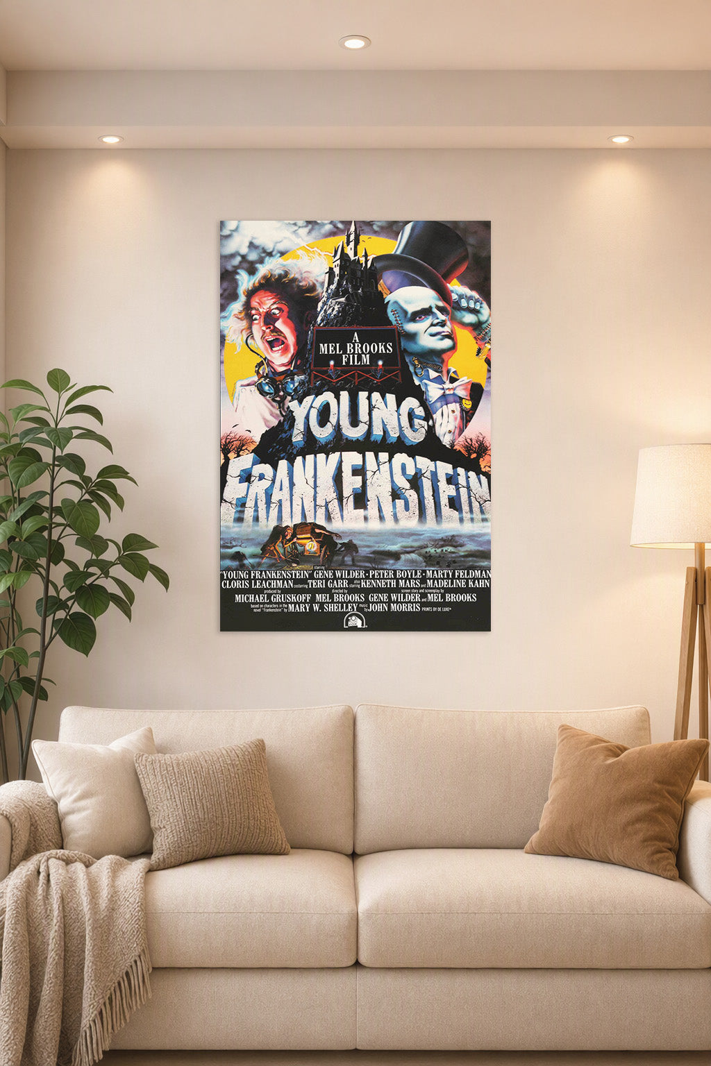 Young Frankenstein Movie Poster in a bright living room above a beige sofa.
