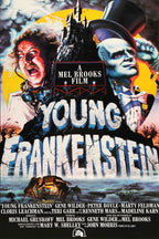 Young Frankenstein movie poster wall art with a screaming scientist, blue-green monster in a top hat, dark castle, and yellow moon.
