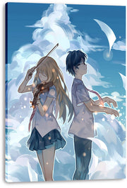 Your Lie in April canvas wall art print featuring Kaori playing violin beside Kousei against luminous blue clouds.