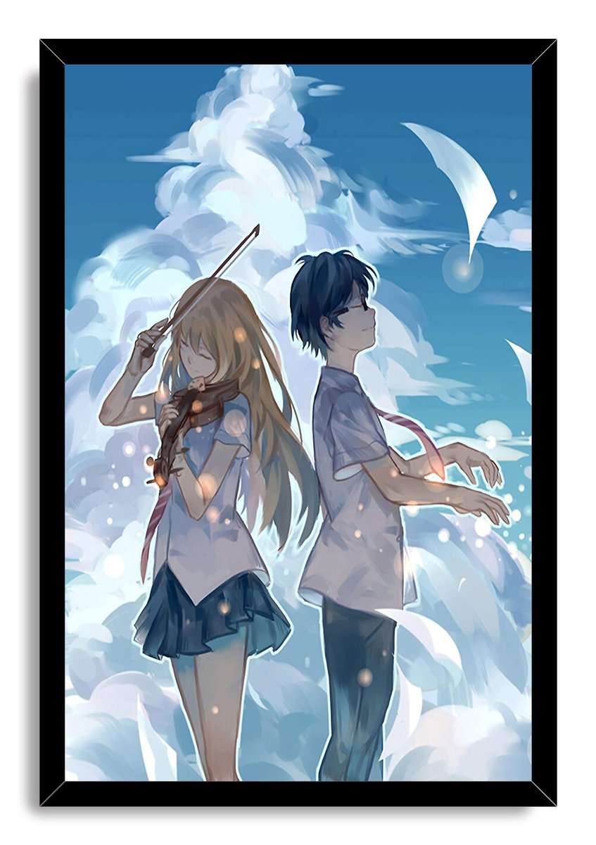 Your Lie in April framed wall art print of Kaori with her violin and Kousei posing at a piano in a cloud-filled sky.